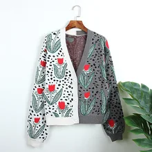 Цветочный корейский свитер винтажный кардиган жаккардовый женский v-образный вырез осень зима Серый цвет женский кардиган с вырезом Осень