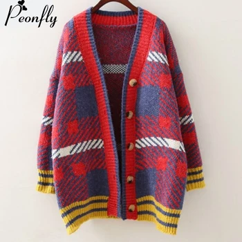 

PEONFLY Fashion Oversize Loose Red Plaid Cardigan Women Knitted Jacket 2019 Autumn Winter Long Sleeve Sweater Cardigan Female