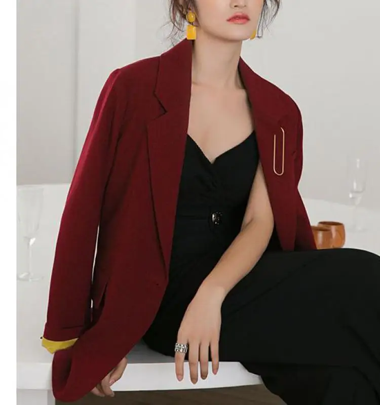 Red wine Getвесенний Женский блейзер Лоскутные черные женские блейзеры куртки винтажные универсальные повседневные Черные костюмы пальто Новинка осень зима - Цвет: Red wine