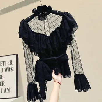 

Slim Lace Shirt Women 2020 Spring Perspective Blouses Sexy Tops Ladies Boho Blusas Femme Black Chiffon Shirt Tops Blusas