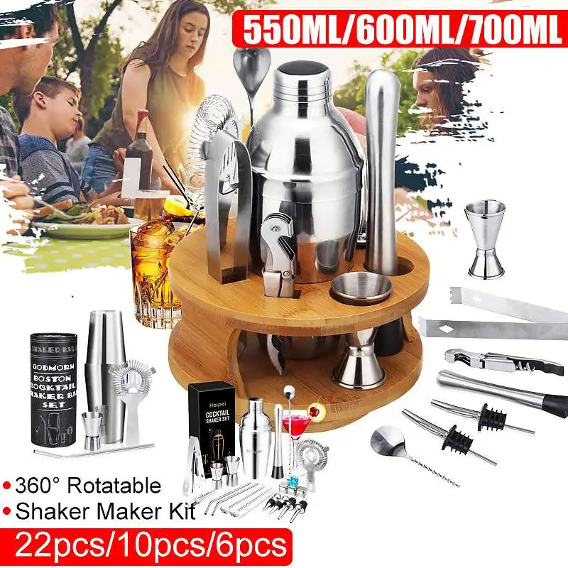 

22/10/6pcs Mojito Cocktail Bar Shaker Mixer Maker Muddler Barware Stainless Steel Bar Sets Bartender Tools with Whiskey Stones