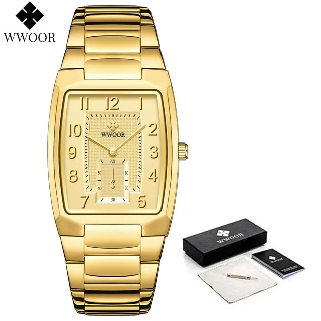 WWOOR Top Brand Luxury Fashion Stop Watches Mens 30ATM Waterproof Square Clock Casual Watch Mens Quartz Wrist Watch Reloj Hombre Gold box