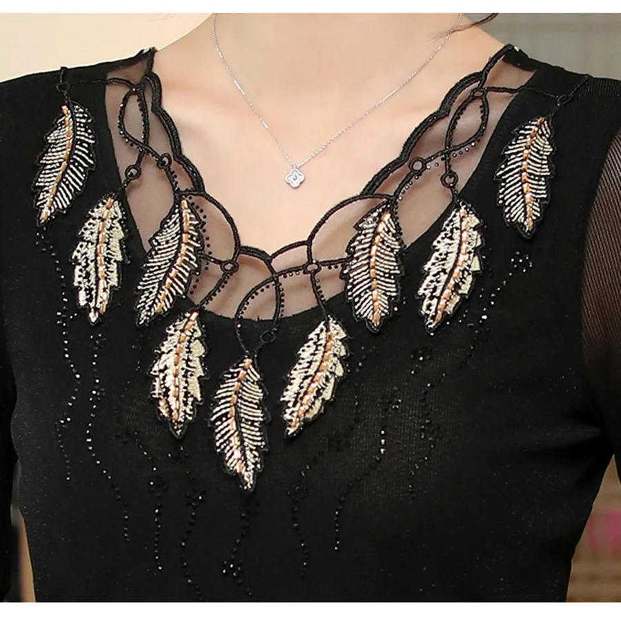 Тонкая Осенняя коллекция, модная Сетчатая футболка с вышивкой и бриллиантами, длинный рукав, повседневная черная Элегантная футболка, женские топы