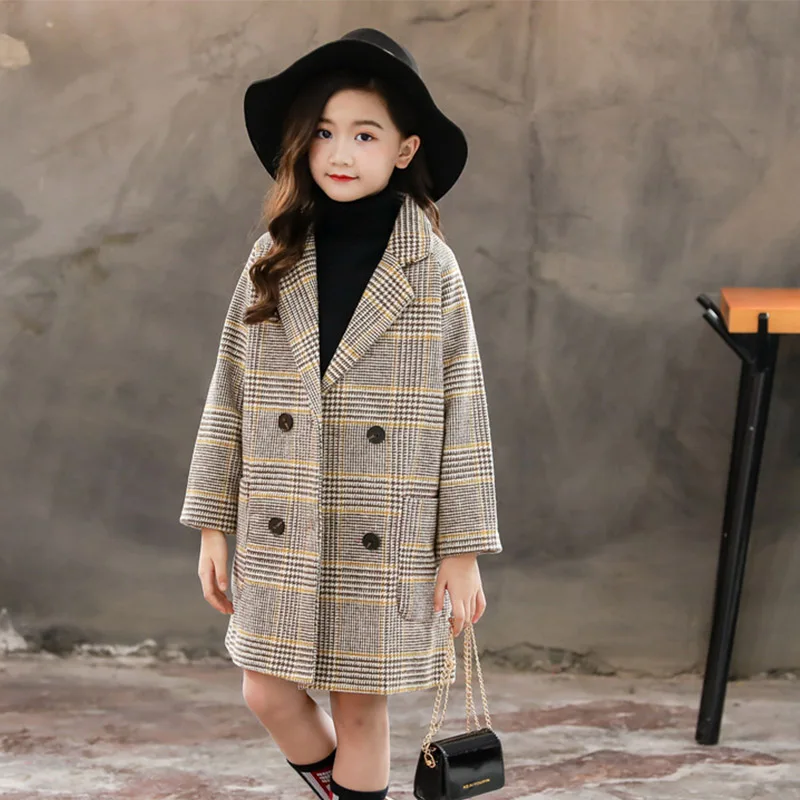 

Kids Baby Girls Autumn Winter Fashion Woolen Coat Plaid Double-Breasted Windbreak Clothes