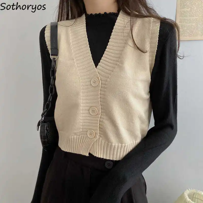 Sweater Vest Women Solid Crop Tops Fall 