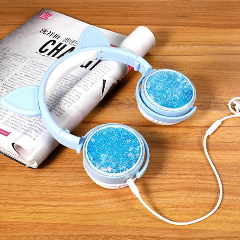 Girls Cat Ear Headset Quicksand Decor Music Sports Headphones for Kids Gifts LX9A