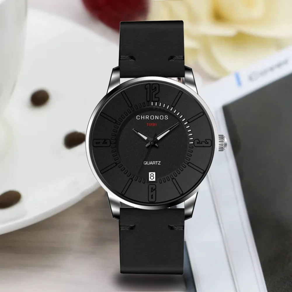 

Men's Watches Fashion Glass Mirror Circular Dial Male Alloy Case Calendar Analog Quartz Round Watch Dress relogio masculino #D