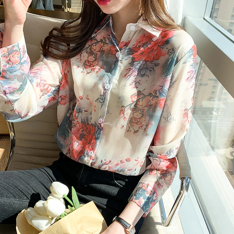 Осенняя шифоновая блузка в гонконгском стиле с цветочным принтом и защитой от
