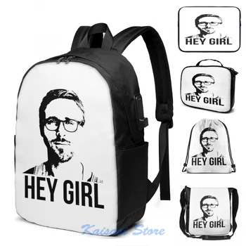 

Funny Graphic print Hey Girl - Ryan Gosling USB Charge Backpack men School bags Women bag Travel laptop bag