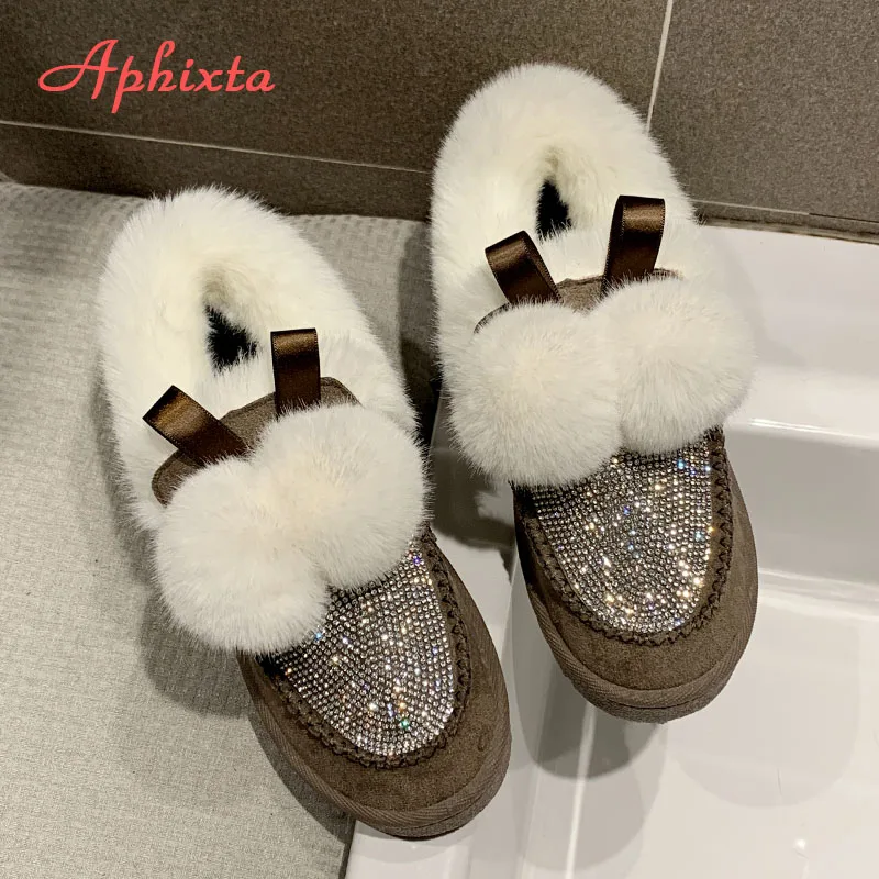 Brown APHIXTA/женские зимние ботинки со стразами; зимняя обувь с меховым помпоном; женские Стразы; Сезон Зима; коллекция года; женская обувь с круглым носком - Цвет: Brown