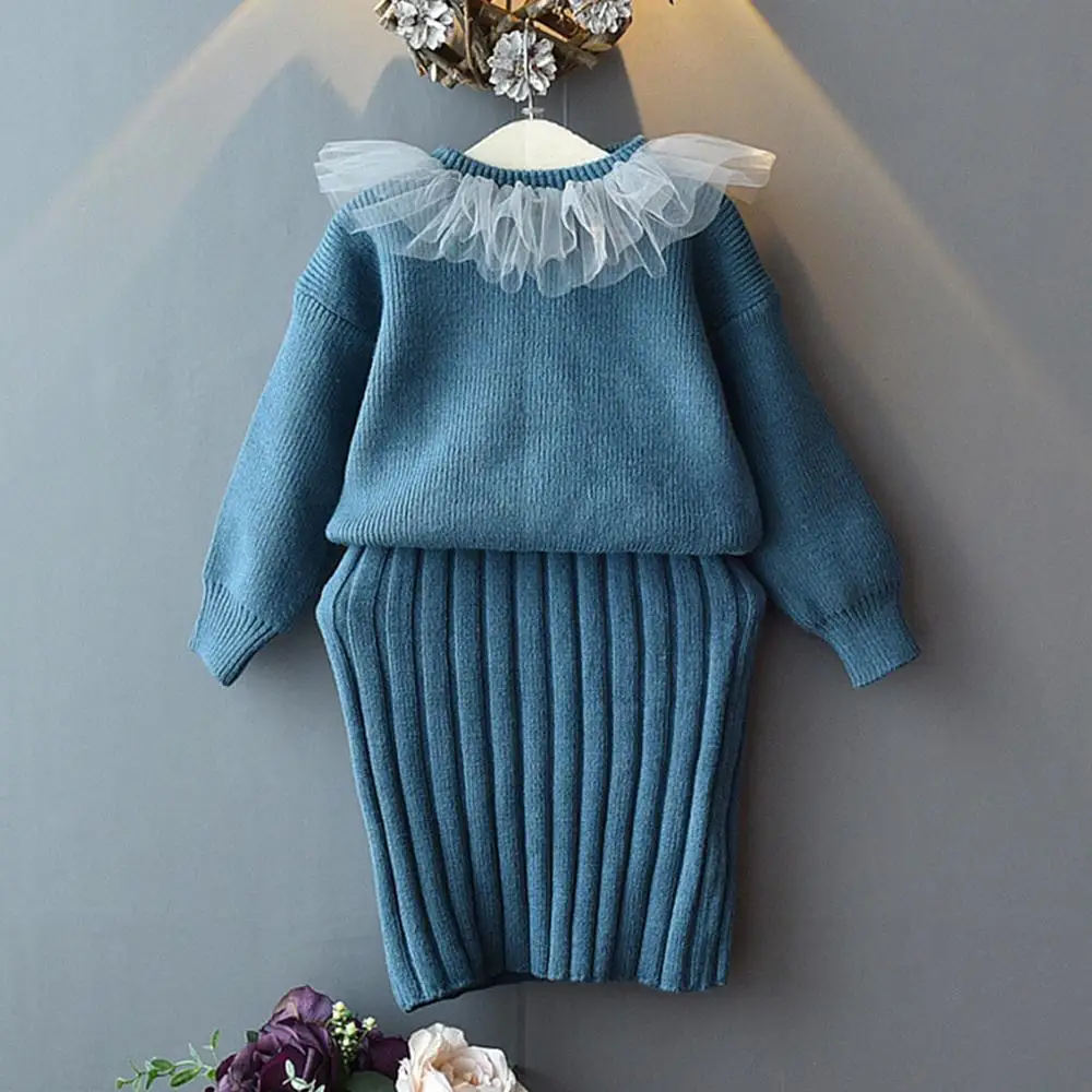 Синий Детский зимний хлопковый свитер для маленьких девочек, однотонный теплый пуловер с круглым вырезом, свитер, вязанный крючком Топ, комплект с платьем на бретелях - Цвет: Синий