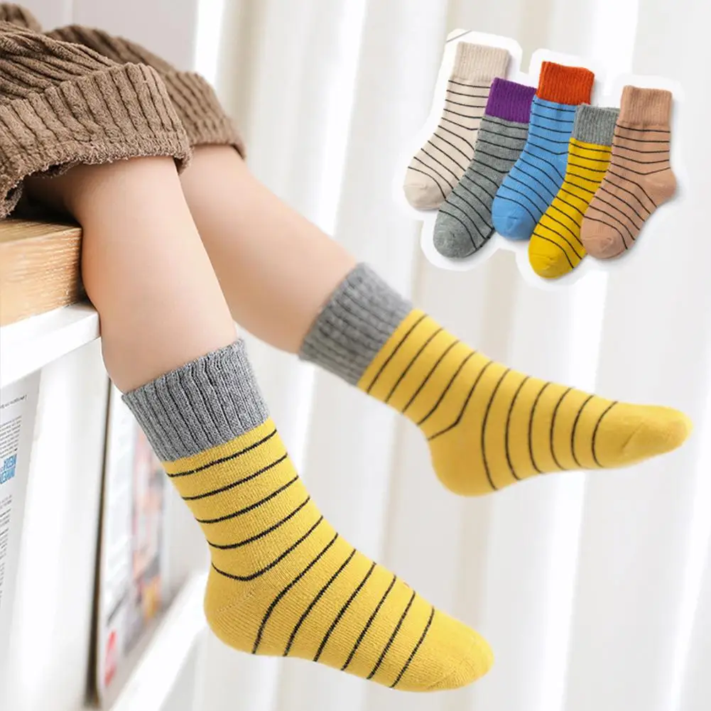 Kuulee Cute Stitching Kids Stripes Pattern Cotton Mid-calf Length Cotton socks middle tube