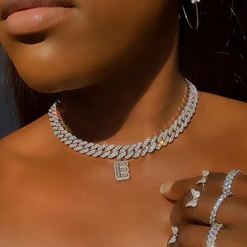 

26 Letter Necklace for Women Initial Baguette Stainless Steel Miami Iced Out Cuban Link Chain Pendant Necklaces Jewelry