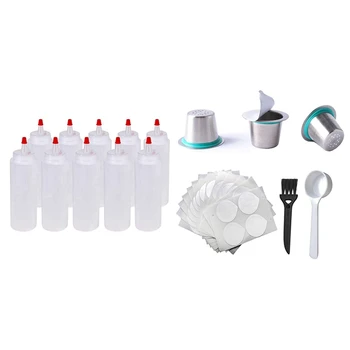 

10 Pcs 8 Oz Plastic Squeeze Bottles with Red Tip Caps & 3pcs Reusable Coffee Pods for Nespresso Machines