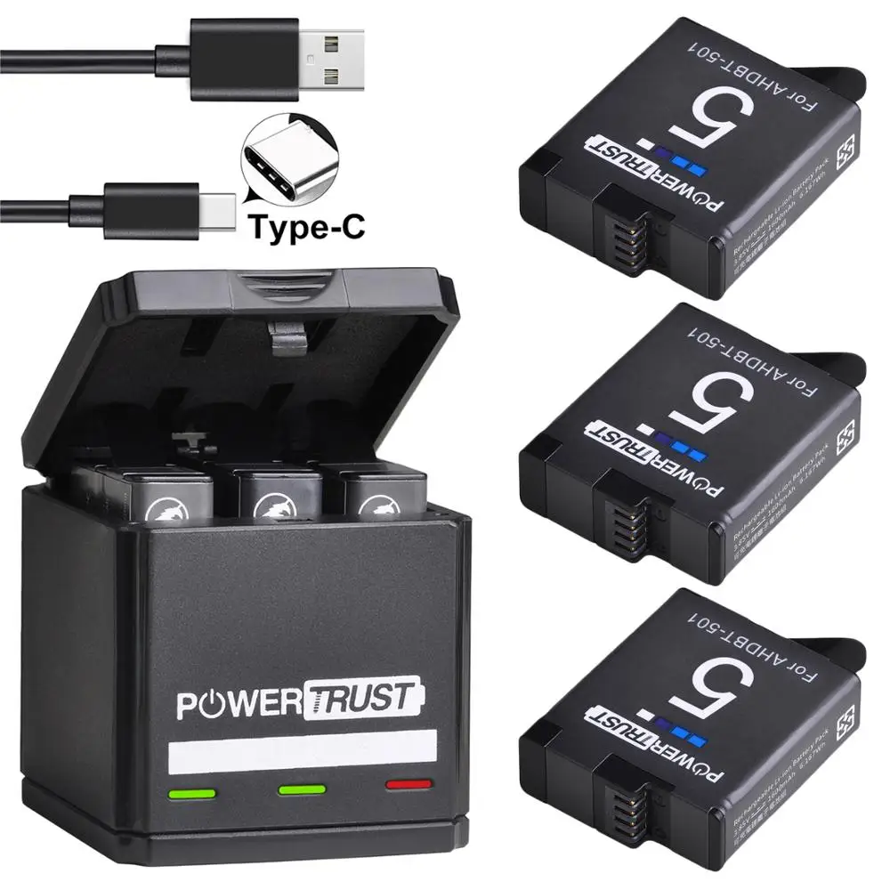 3Battery and Charger PowerTrust Батарея для экшн-Камеры GoPro hero 5 hero 6 hero 7/8 черный батареи и тройной Зарядное устройство для экшн-камеры GoPro hero Akku емкостью экшн Камера - Color: 3Battery and Charger