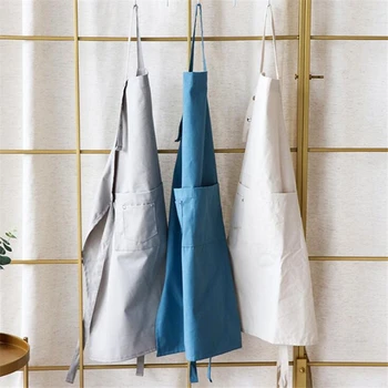 

1pc Apron Waterproof Washable Cotton Linen Pockets Apron Butcher Crafts Baking Chefs Kitchen Cooking BBQ Plain Home Apron