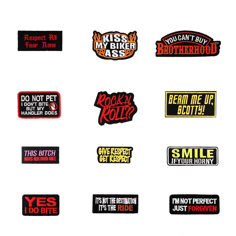 

ROCK N ROLL GIVE RESPECT GET RESPECT YES I DO BITE I AM NOT PERFECT JUST FORGIVEN Embroidered Iron On Patches MC Motorcycle