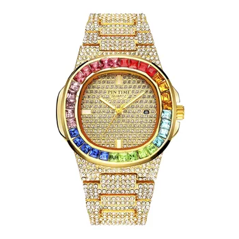 

Full Strap Diamond Iced Out Watch for Men Women Rainbow Crystal Bezel Stainless Steel Quartz Movement Shinning Party Watches
