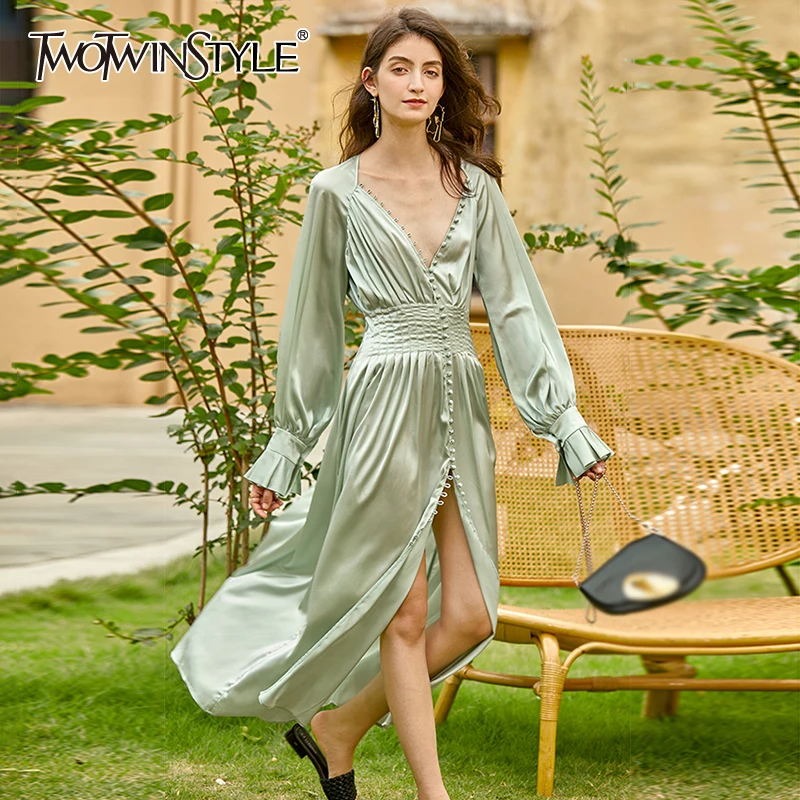 TWOTWINSTYLE Vintage Tunic Dress For Women V Neck Long Sleeve High Waist Midi Elegant Dresses Female 2020 Fall Fashion New Tide TWOTWINSTYLE Vintage Tunic Dress For Women V Neck Long Sleeve High Waist Midi Elegant Dresses Female 2020 Fall Fashion New Tide
