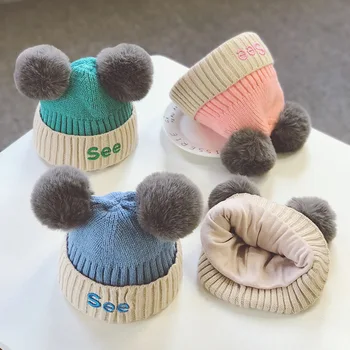 

Winter Newborn Knitted Hemming Caps Cute Warm Kids Girls Boys Hat Baby Plush Ball Design Patchwork Color Hats