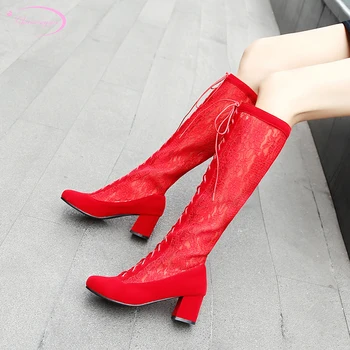 

Casual style round toe knee-high summer boots embroidered lace-up white black red high-heeled chunky riding boots women's shoes