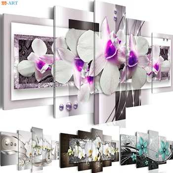 

Orchids Flowers Home Wall Art Poster 5 Panels Canvas Painting Print Purple Flora Decoration for Living Room Picture Modern Decor