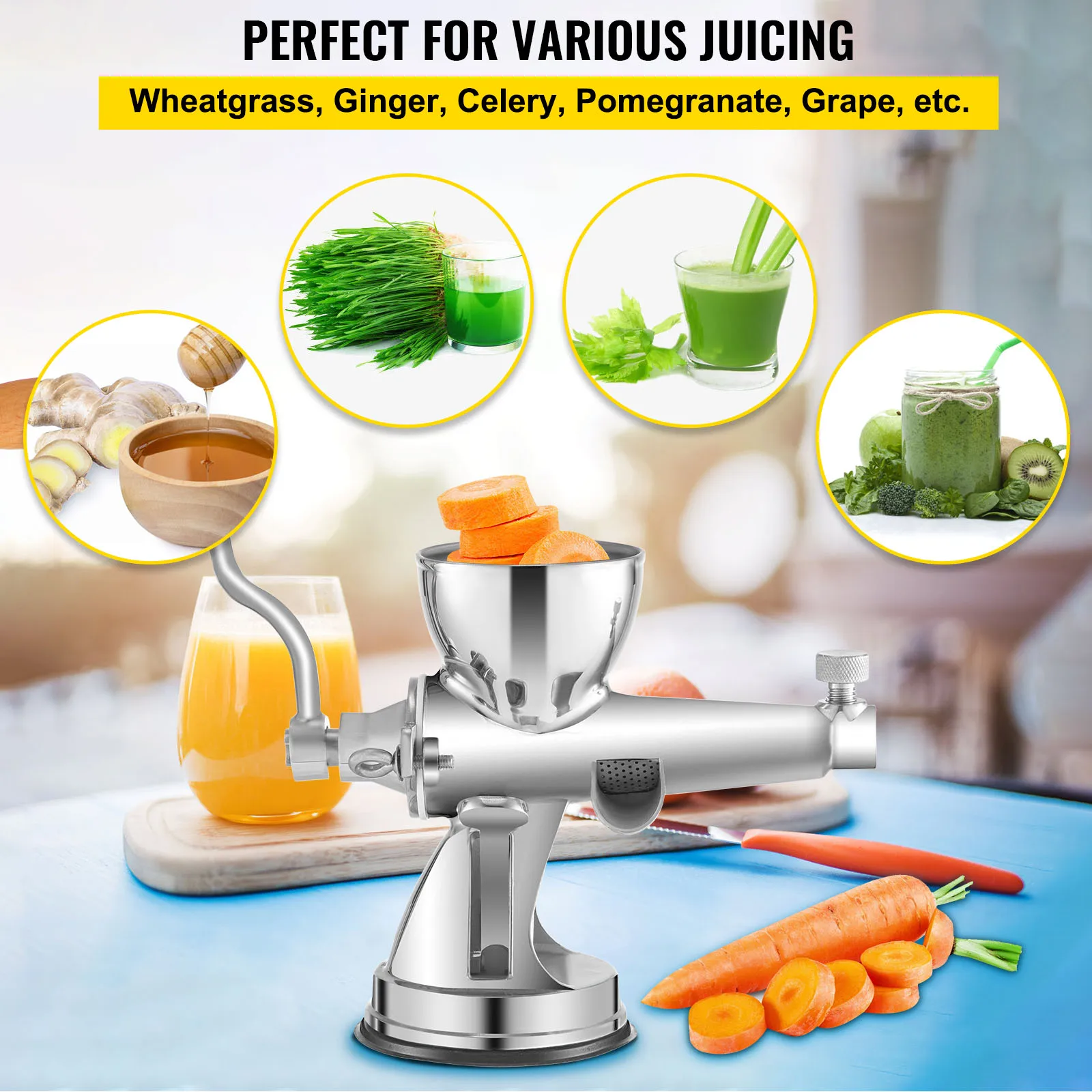 VEVOR Manual Wheatgrass Juicer Stainless Steel W/ Suction Cup Base Table-Top Clamp Extractor for Ginger Celery Home Kitchen Use