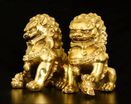 Bronzo Antico Fu Foo Dog Lion Statue Cina Di Età Arcaica Guardia Leoni Coppia 15 Centimetri