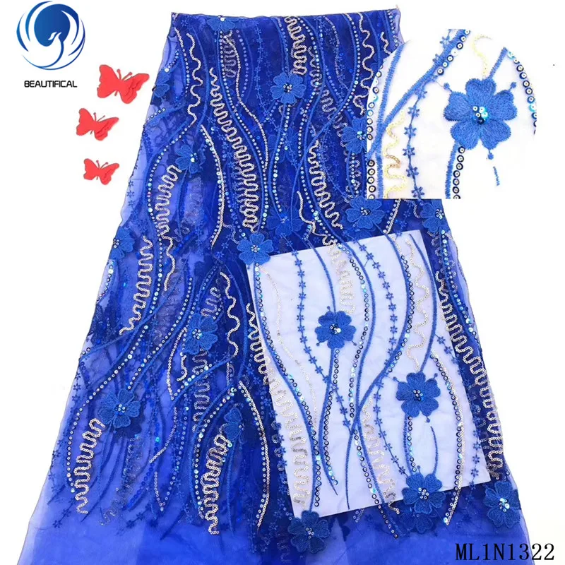 

Beautifical african lace fabrics Latest appliques net lace fabric 5yards embroidery sequins lace fabric high quality ML1N1322