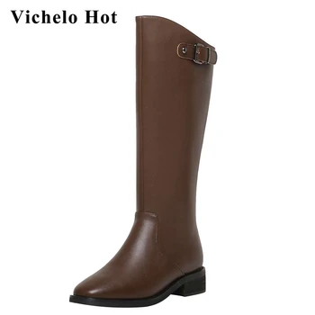 

Vichelo Hot equestrian boots split leather buckle decorations square toe thick med heel back zipper gorgeous knee-high boots L72