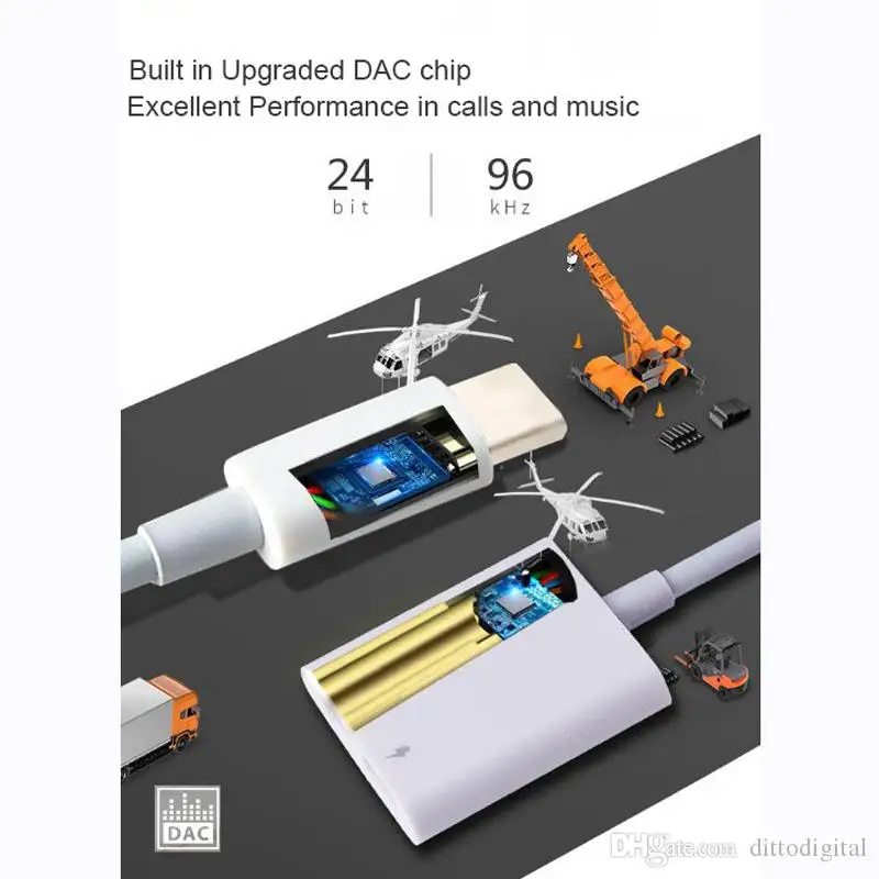 2 in 1 USB C Adapter Audio and Charger Splitter 3A Fast charging and DAC HIFI music 1 Type C Male to 2 Type-C female port for Pixel HuaWei