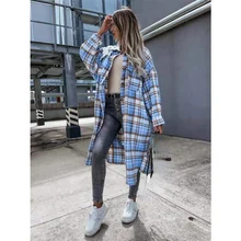 

2021 Autumn and Winter New Style Lengthened Loose Casual Plaid Shirt Ladies Jacket