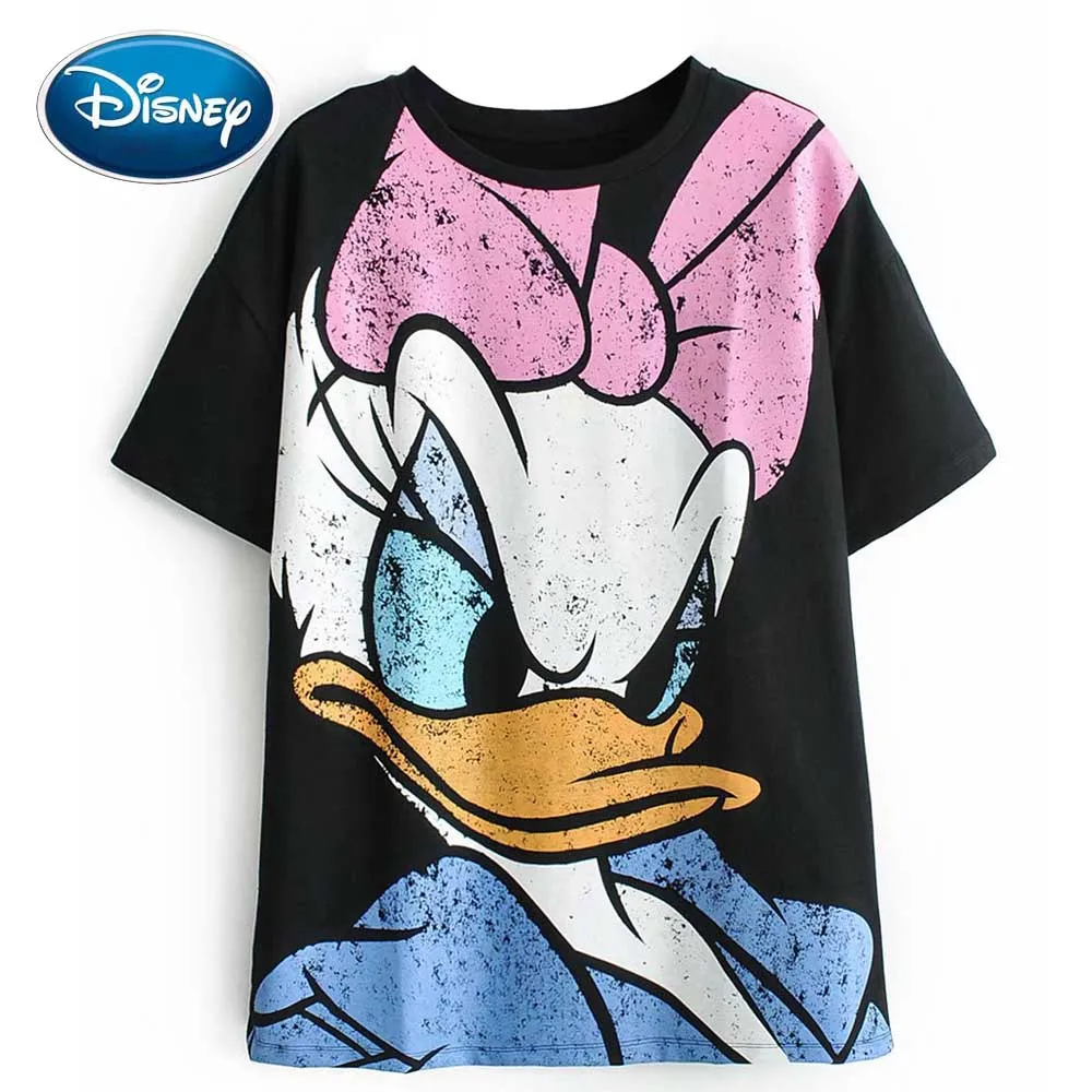 Модная Милая Черная футболка с мультяшным принтом утки Disney пуловер круглым