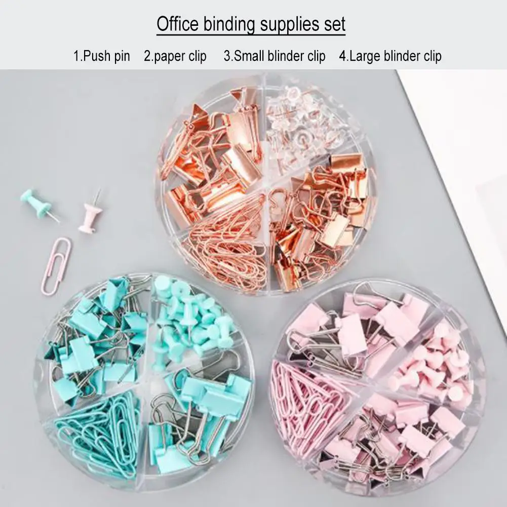 72Pcs Documents Clips Paper Clips Push Pins Sets With For Acrylic Box Light Pink/light Blue/rose Gold Clips For Office School