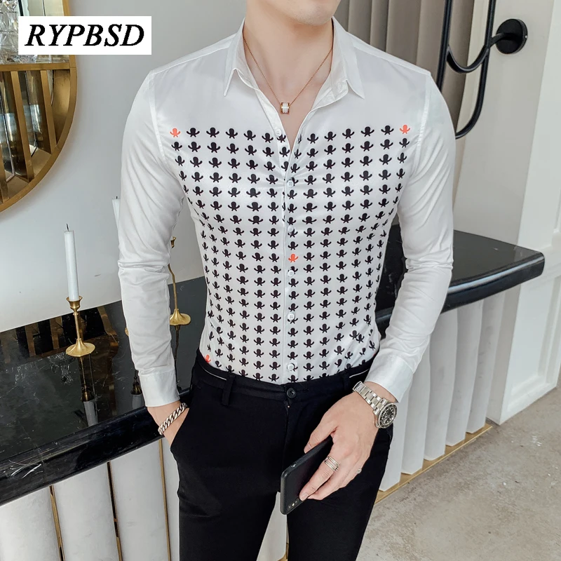 

British Style Luxury Men Shirt Print Long Sleeve Dress Shirts for Men Slim Fit Casual Shirt Club Tuxedo Dress Camisas Hombre 4XL