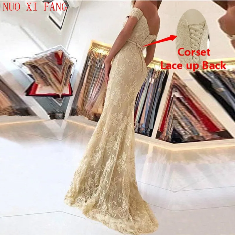 NUOXIFANG Off the Shoulder Long Dress Mermaid Evening Dress 2020 Lace Appliques Sweetheart Robe De Soiree longue Formal Dress
