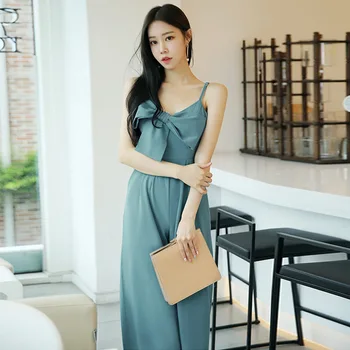 

Summer Spaghetti Strap Jumpsuit Casual Blue Long Wide Leg Pants Trousers Vintage Ladies Rompers Bow Sexy Party Womens Jumpsuits