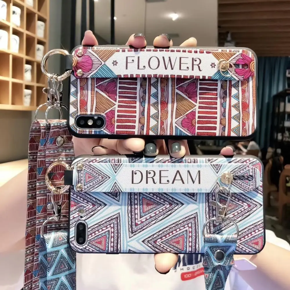 

For iphone XS MAX XR X 6 6s 7 Plus 8Plus Cover Luxury Strap Kickstand Phone Case stand holder Palace flowers Shell Capa Coque