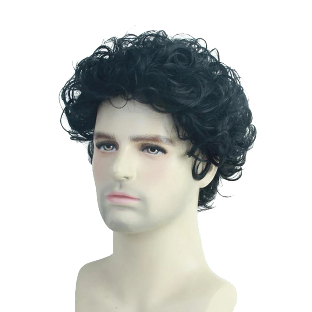 Fashion Black Natural Short Curly Wigs Wavy Hairstyle Synthetic Fiber Hair Wigs 10 inch for Men, Heat Resistant 