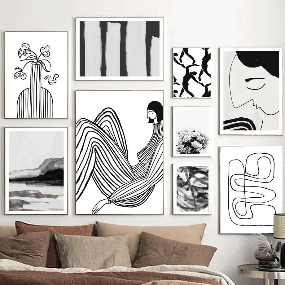 

Black White Abstract Flower Wall Art Canvas Painting Nordic Posters and Prints Wall Pictures for Living Room Vintage Decoration