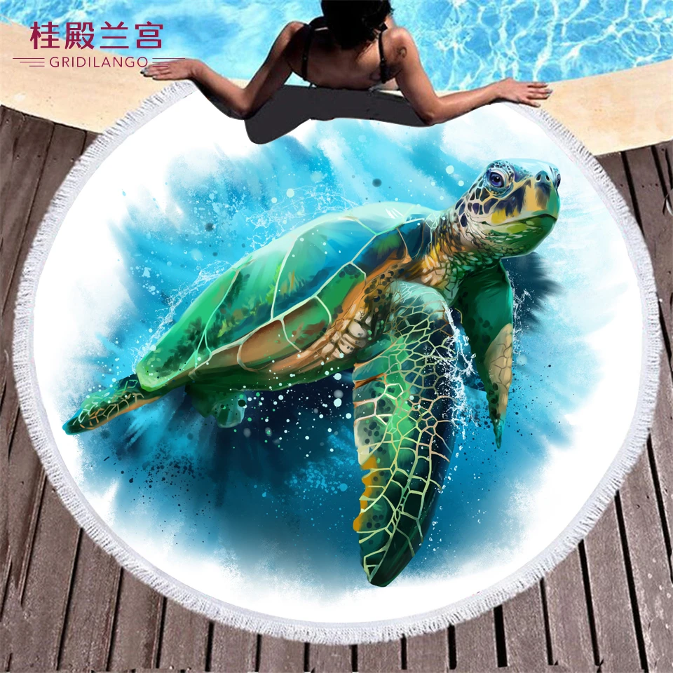 GRIDILANGO Customized Blue Ocean Painted Turtle Round Beach Towels Watercolor With Tassel Picnic Mat Quick Drying |