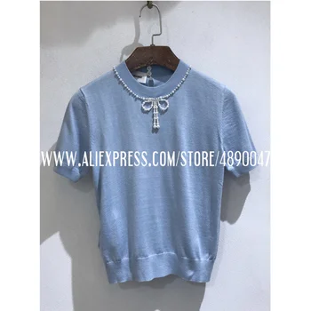 

Spring Autumn Cashmere Sweater Pullover Short Sleeve Knitted Top High Quality Women's exquisite bow beaded stretch knit sweater