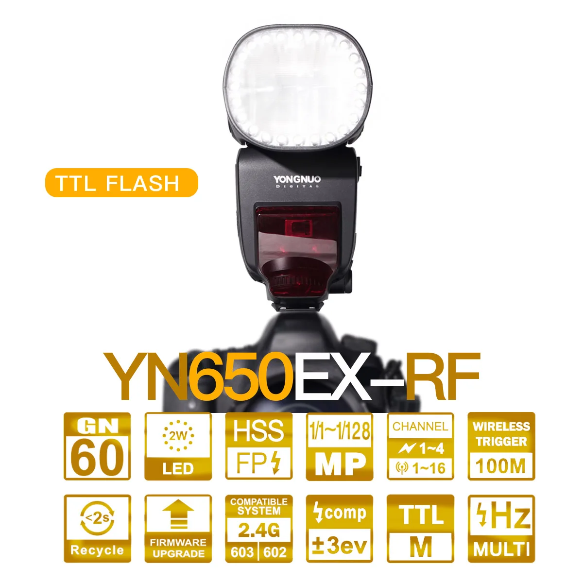 

Yongnuo YN650EX-RF Wireless Flash Speedlite 24pcs LED lamps TTL HSS Master Slave Flash with Built-in 2.4G RF System for Canon