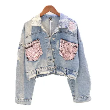 

2020 Hole Jean Jacket Women Spring Short Sequin Denim Jacket Splice Autumn Female Jacket Spring Jackets For Women Female Navel