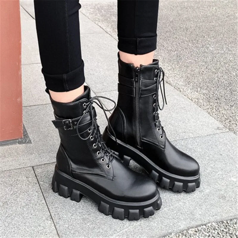 PXELENA Grote Maat 34 45 Chunky Platform Laarzen Vrouwen Punk Gothic  Klimplanten Militaire Motorfiets Biker Combat Laarzen Schoenen|Enkellaars|  - AliExpress