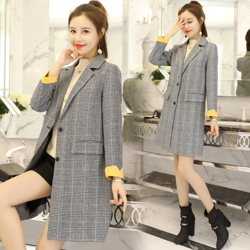 

Autumn windbreaker female medium and long Korean version autumn 2020 new popular small chic plaid suit coat tide