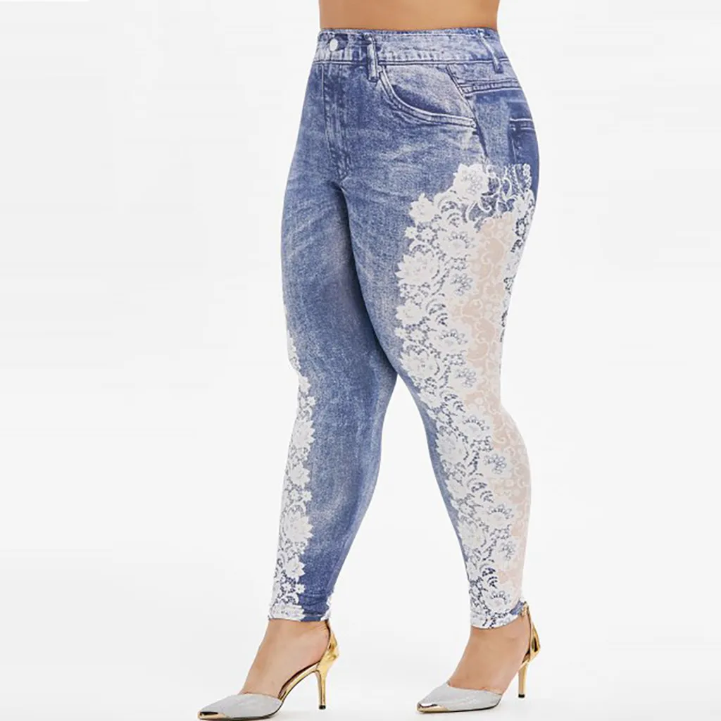 Леггинсы размера плюс, женские джинсы с имитацией принта, узкие брюки, джеггинсы, кружевные леггинсы с высокой талией, спортивные штаны