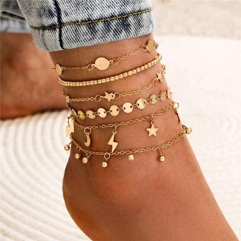 

Modyle 6pcs/set Gold Color Sequins Stars Lightning Anklet Fashion Beads Moon Female On Foot Ankle Bracelets For Women