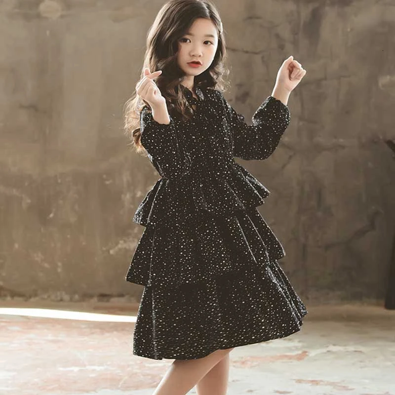 

Autumn Kids Dress Teen Black Winter Girls Dresses Fashion Children Baby Layered Princess Dress Dot Mother Daughter Clothing