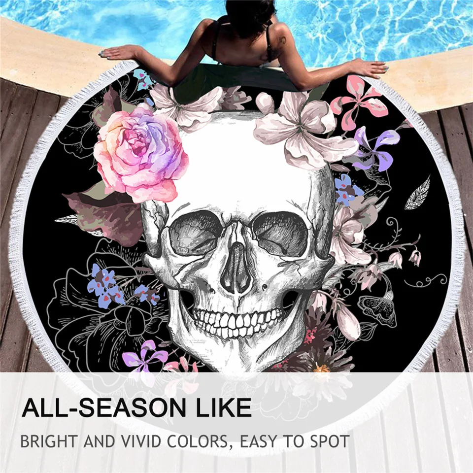 BeddingOutlet Sugar Skull Round Beach Towel Floral Bath Towel Black Yoga Mat Flower Tapestry Gothic Toalla Blanket 150cm Drophip